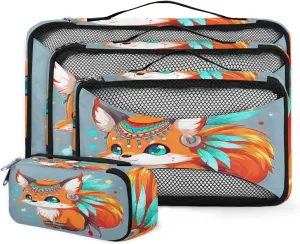 4 Set Packing Cubes for Suitcases, Travel Essentials for Carry on Luggage, Ethnic Fox Suitcase Organizers for Clothes Shoes Toiletries Travel Accessories in 4 Sizes - Cartoon Fox