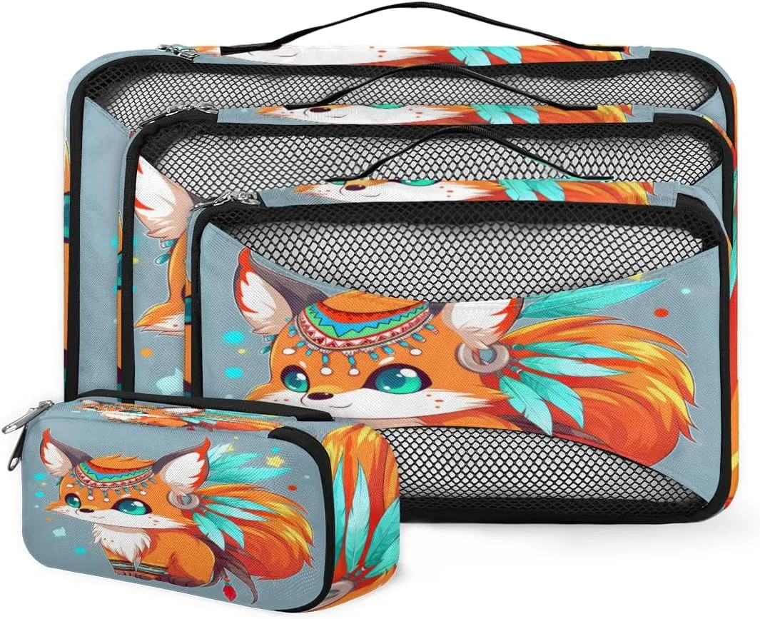 4 Set Packing Cubes for Suitcases, Travel Essentials for Carry on Luggage, Ethnic Fox Suitcase Organizers for Clothes Shoes Toiletries Travel Accessories in 4 Sizes - Cartoon Fox