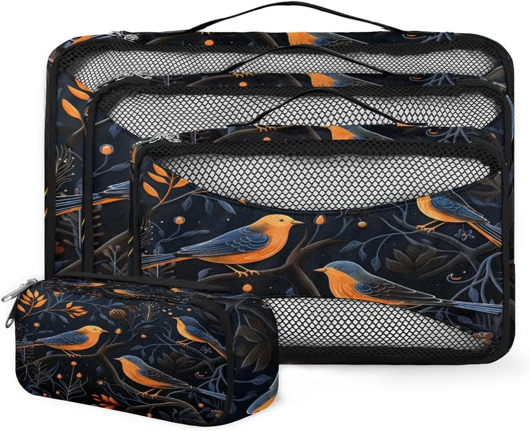4 Set Packing Cubes for Suitcases, Travel Essentials for Carry on Luggage, Fantastic Bird Suitcase Organizers for Clothes Shoes Toiletries Travel Accessories in 4 Sizes - Retro Bird