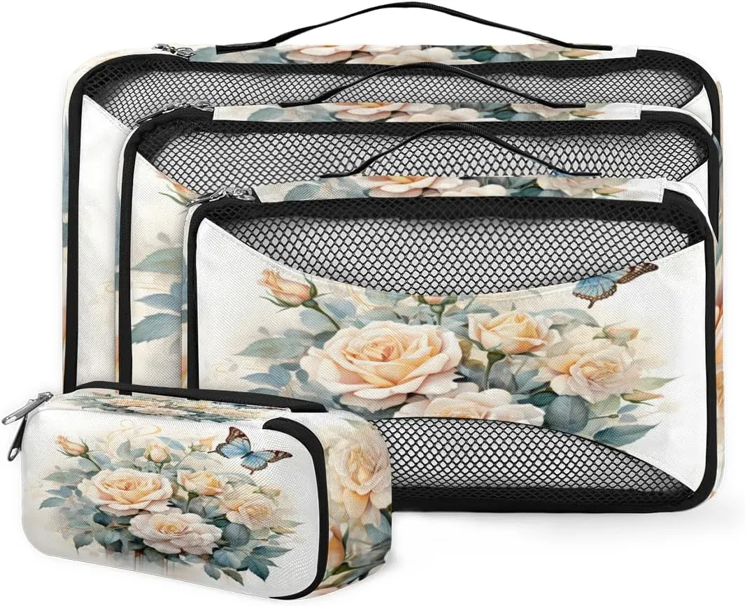 4 Set Packing Cubes for Suitcases, Travel Essentials for Carry on Luggage, Fantastic Flower Suitcase Organizers for Clothes Shoes Toiletries Travel Accessories in 4 Sizes - Dreamy Flower