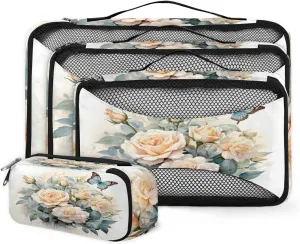 4 Set Packing Cubes for Suitcases, Travel Essentials for Carry on Luggage, Fantastic Flower Suitcase Organizers for Clothes Shoes Toiletries Travel Accessories in 4 Sizes - Dreamy Flower
