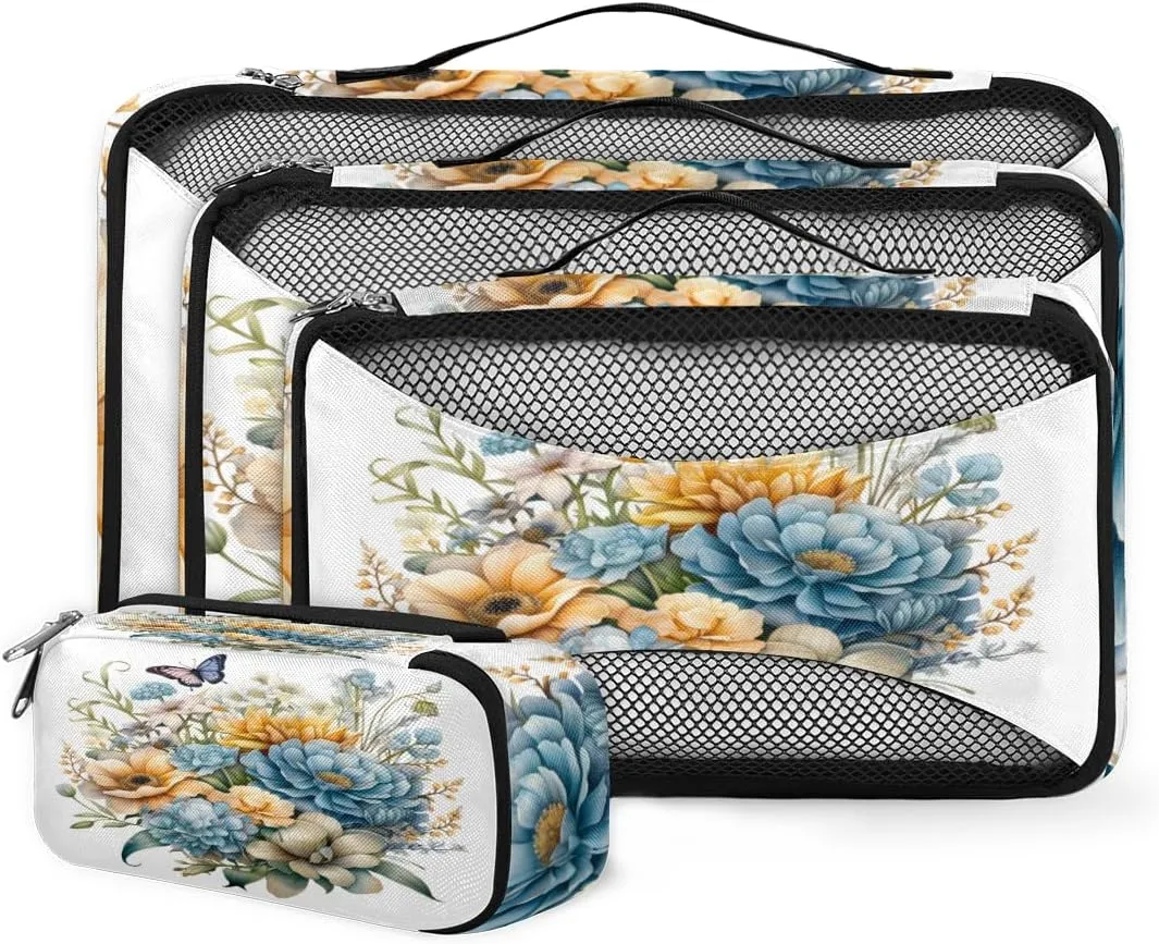 4 Set Packing Cubes for Suitcases, Travel Essentials for Carry on Luggage, Fantastic Flower Suitcase Organizers for Clothes Shoes Toiletries Travel Accessories in 4 Sizes - Modern Flower