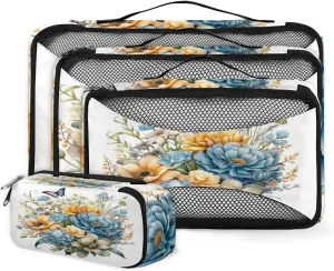 4 Set Packing Cubes for Suitcases, Travel Essentials for Carry on Luggage, Fantastic Flower Suitcase Organizers for Clothes Shoes Toiletries Travel Accessories in 4 Sizes - Modern Flower