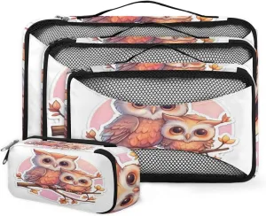4 Set Packing Cubes for Suitcases, Travel Essentials for Carry on Luggage, Fantastic Owl Suitcase Organizers for Clothes Shoes Toiletries Travel Accessories in 4 Sizes - Cartoon Owl