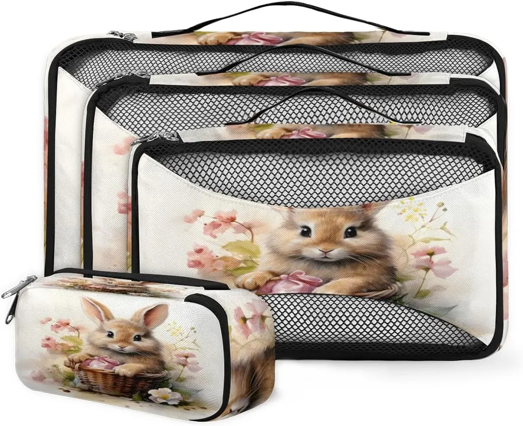 4 Set Packing Cubes for Suitcases, Travel Essentials for Carry on Luggage, Fantastic Rabbit Suitcase Organizers for Clothes Shoes Toiletries Travel Accessories in 4 Sizes - East Bunny