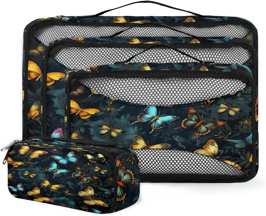 4 Set Packing Cubes for Suitcases, Travel Essentials for Carry on Luggage, Flame Butterfly Suitcase Organizers for Clothes Shoes Toiletries Travel Accessories in 4 Sizes - Dreamy Butterfly
