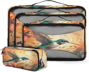 4 Set Packing Cubes for Suitcases, Travel Essentials for Carry on Luggage, Flower Bird Suitcase Organizers for Clothes Shoes Toiletries Travel Accessories in 4 Sizes - Abstract Bird