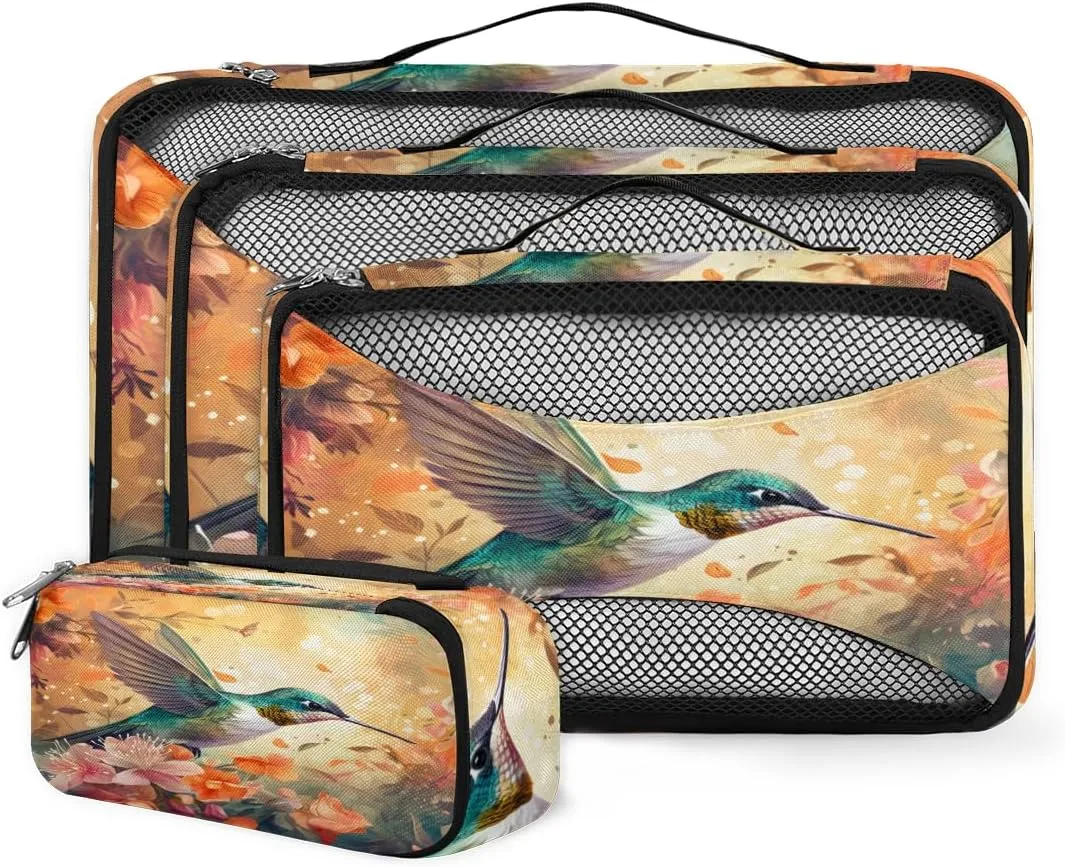 4 Set Packing Cubes for Suitcases, Travel Essentials for Carry on Luggage, Flower Bird Suitcase Organizers for Clothes Shoes Toiletries Travel Accessories in 4 Sizes - Abstract Bird