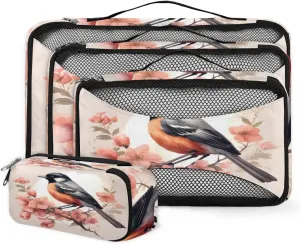 4 Set Packing Cubes for Suitcases, Travel Essentials for Carry on Luggage, Flower Bird Suitcase Organizers for Clothes Shoes Toiletries Travel Accessories in 4 Sizes - Colorful Bird