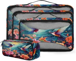 4 Set Packing Cubes for Suitcases, Travel Essentials for Carry on Luggage, Flower Bird Suitcase Organizers for Clothes Shoes Toiletries Travel Accessories in 4 Sizes - Romantic Bird