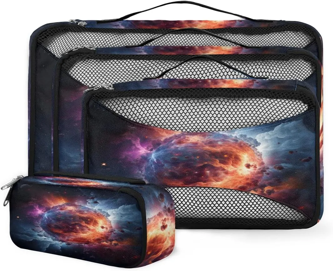 4 Set Packing Cubes for Suitcases, Travel Essentials for Carry on Luggage, Glitter Galaxy Suitcase Organizers for Clothes Shoes Toiletries Travel Accessories in 4 Sizes - Bright Galaxy
