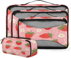 4 Set Packing Cubes for Suitcases, Travel Essentials for Carry on Luggage, Glitter Strawberry Suitcase Organizers for Clothes Shoes Toiletries Travel Accessories in 4 Sizes - Watercolor Strawberry