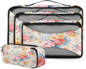 4 Set Packing Cubes for Suitcases, Travel Essentials for Carry on Luggage, Glowing Flowers Suitcase Organizers for Clothes Shoes Toiletries Travel Accessories in 4 Sizes - Romantic Flowers