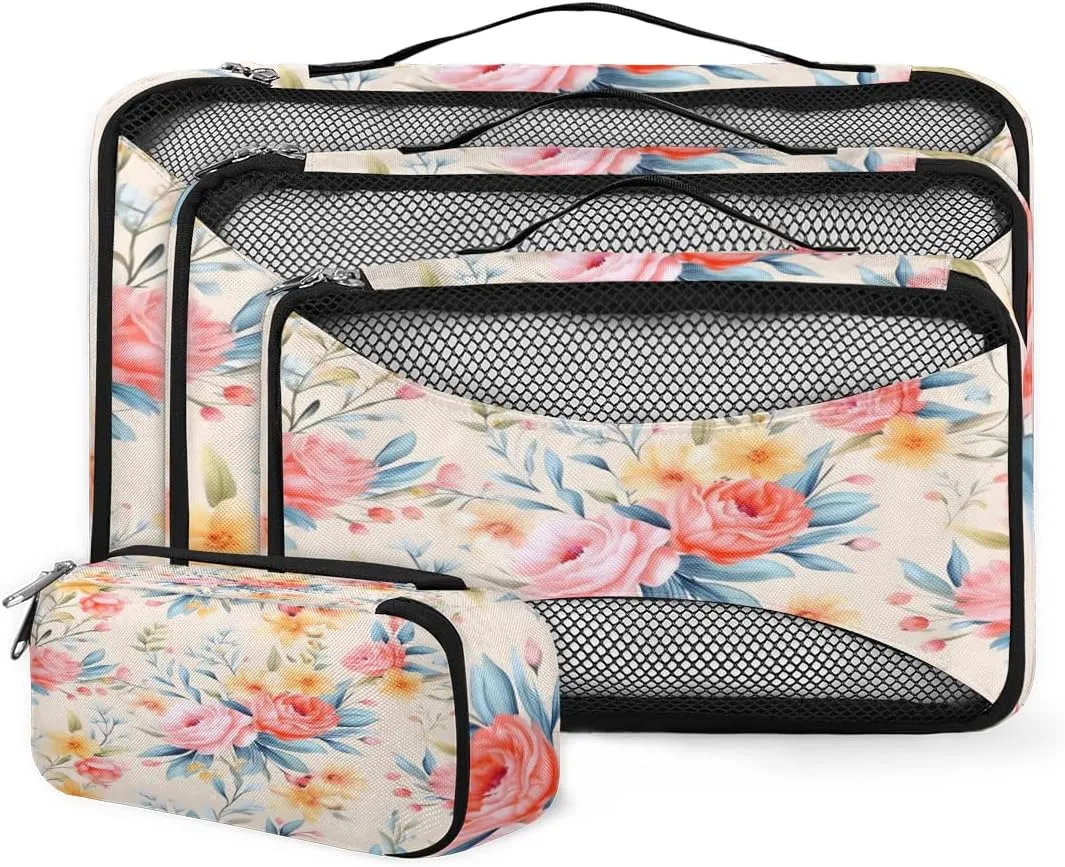 4 Set Packing Cubes for Suitcases, Travel Essentials for Carry on Luggage, Glowing Flowers Suitcase Organizers for Clothes Shoes Toiletries Travel Accessories in 4 Sizes - Romantic Flowers