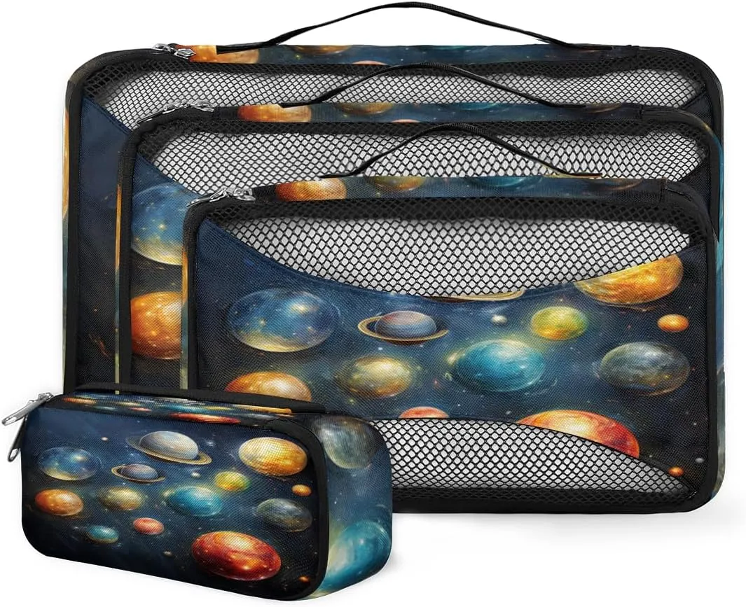 4 Set Packing Cubes for Suitcases, Travel Essentials for Carry on Luggage, Glowing Galaxy Suitcase Organizers for Clothes Shoes Toiletries Travel Accessories in 4 Sizes - Glitter Galaxy