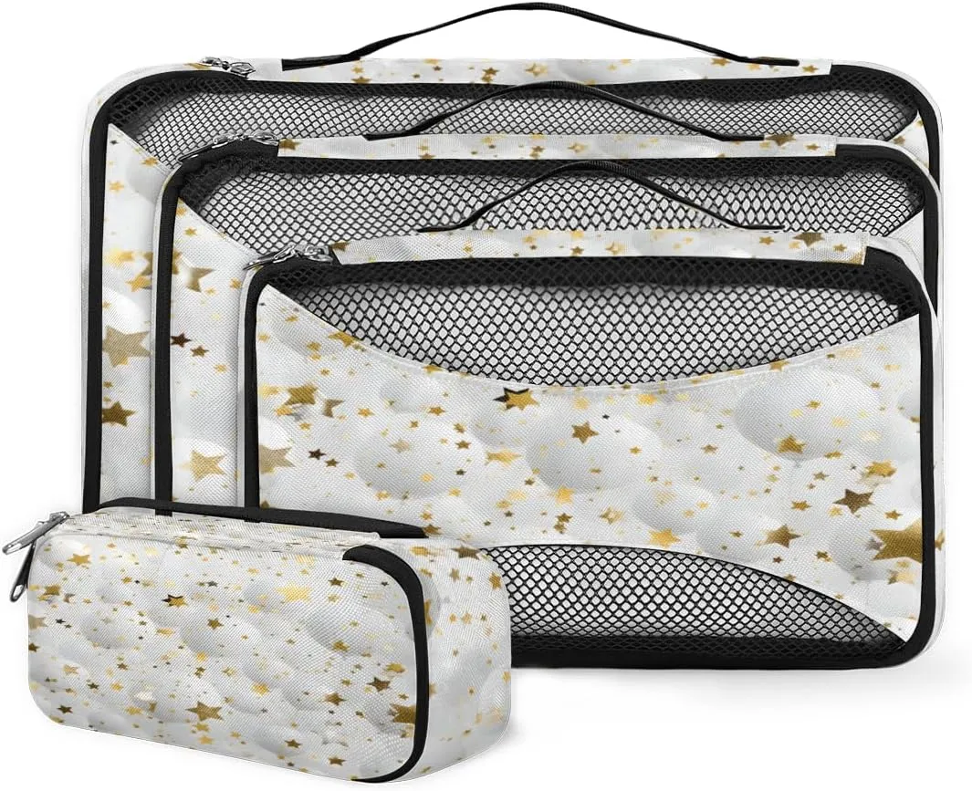 4 Set Packing Cubes for Suitcases, Travel Essentials for Carry on Luggage, Gold Star Suitcase Organizers for Clothes Shoes Toiletries Travel Accessories in 4 Sizes - Glitter