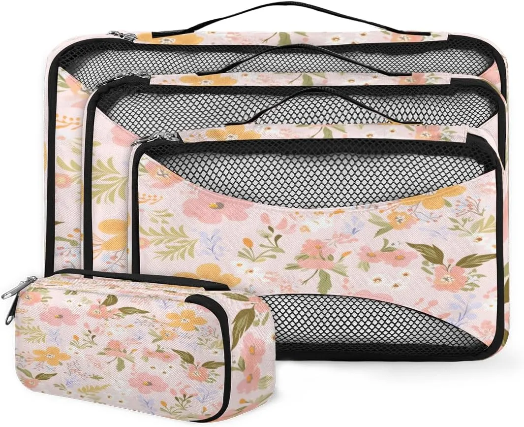 4 Set Packing Cubes for Suitcases, Travel Essentials for Carry on Luggage, Graffiti Flowers Suitcase Organizers for Clothes Shoes Toiletries Travel Accessories in 4 Sizes - Modern Flowers