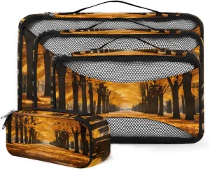 4 Set Packing Cubes for Suitcases, Travel Essentials for Carry on Luggage, Graffiti Forest Suitcase Organizers for Clothes Shoes Toiletries Travel Accessories in 4 Sizes - Sunset Forest