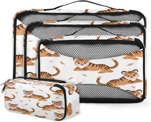4 Set Packing Cubes for Suitcases, Travel Essentials for Carry on Luggage, Infancy Tiger Suitcase Organizers for Clothes Shoes Toiletries Travel Accessories in 4 Sizes - Brown Tiger