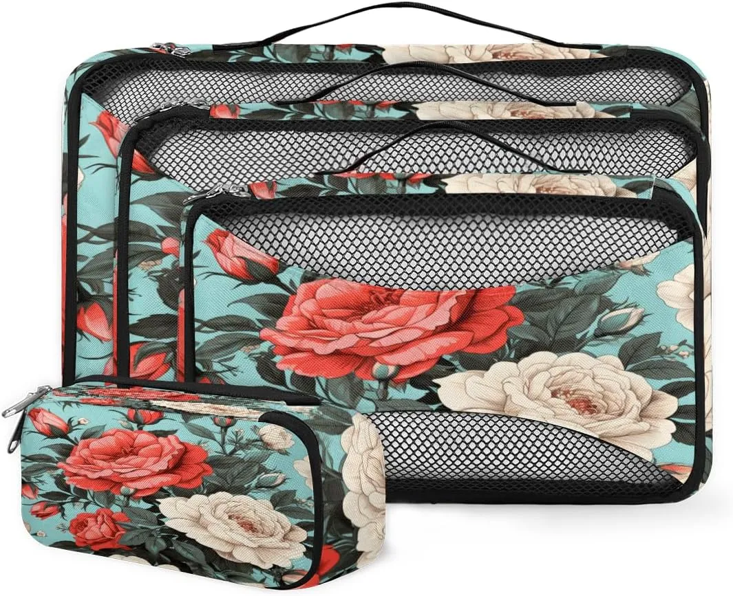 4 Set Packing Cubes for Suitcases, Travel Essentials for Carry on Luggage, Lively Flower Suitcase Organizers for Clothes Shoes Toiletries Travel Accessories in 4 Sizes - Beautiful Flower