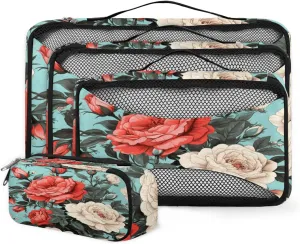 4 Set Packing Cubes for Suitcases, Travel Essentials for Carry on Luggage, Lively Flower Suitcase Organizers for Clothes Shoes Toiletries Travel Accessories in 4 Sizes - Beautiful Flower
