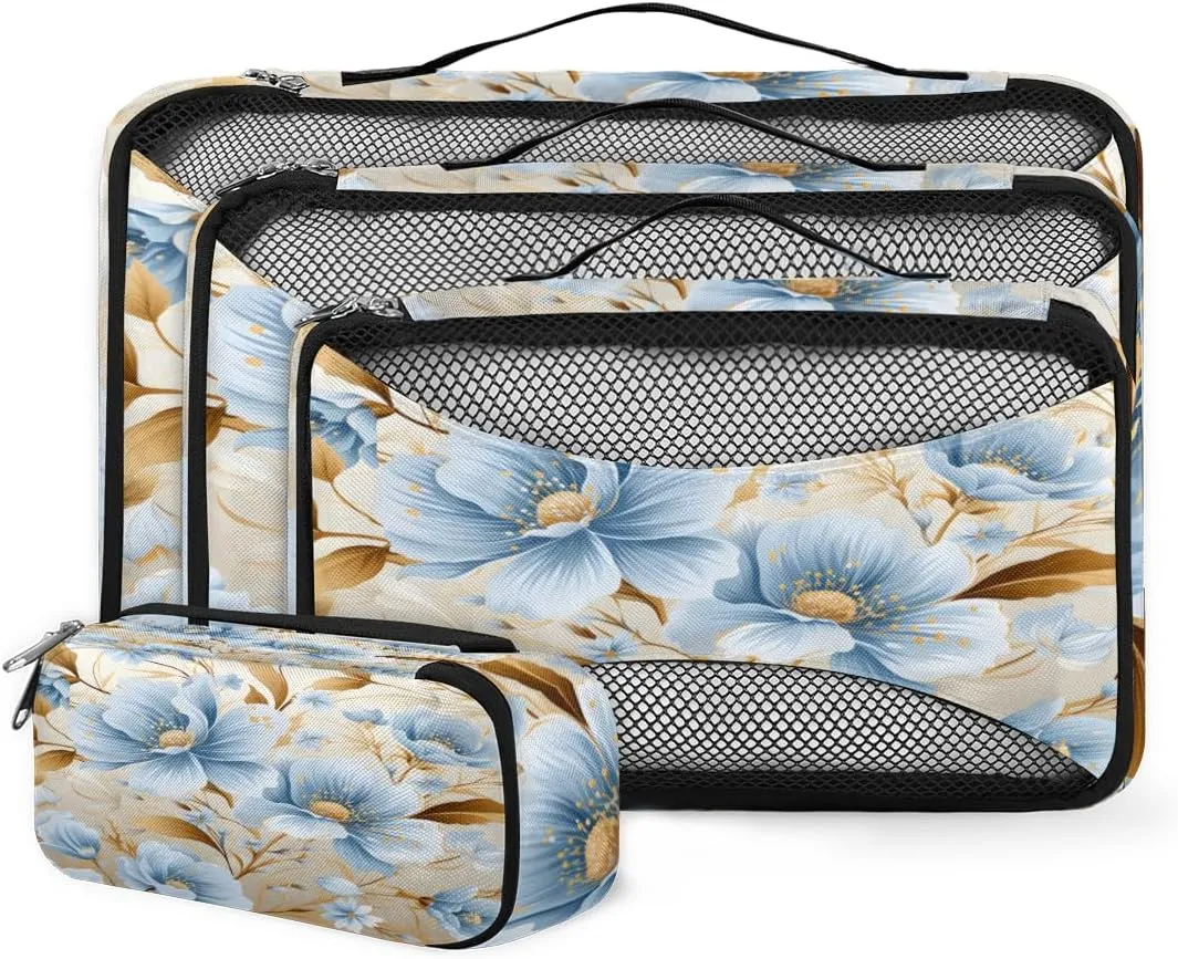 4 Set Packing Cubes for Suitcases, Travel Essentials for Carry on Luggage, Lively Flowers Suitcase Organizers for Clothes Shoes Toiletries Travel Accessories in 4 Sizes - Bright Flowers