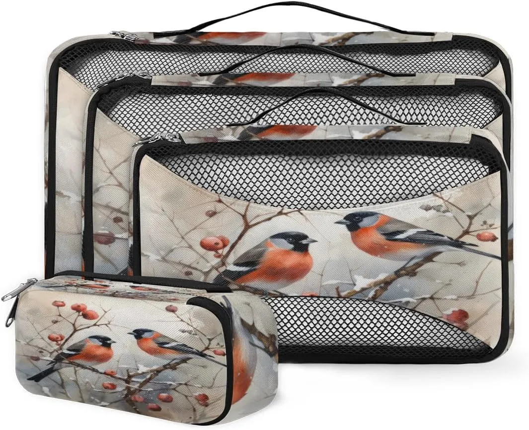 4 Set Packing Cubes for Suitcases, Travel Essentials for Carry on Luggage, Lovely Bird Suitcase Organizers for Clothes Shoes Toiletries Travel Accessories in 4 Sizes - Flower Bird