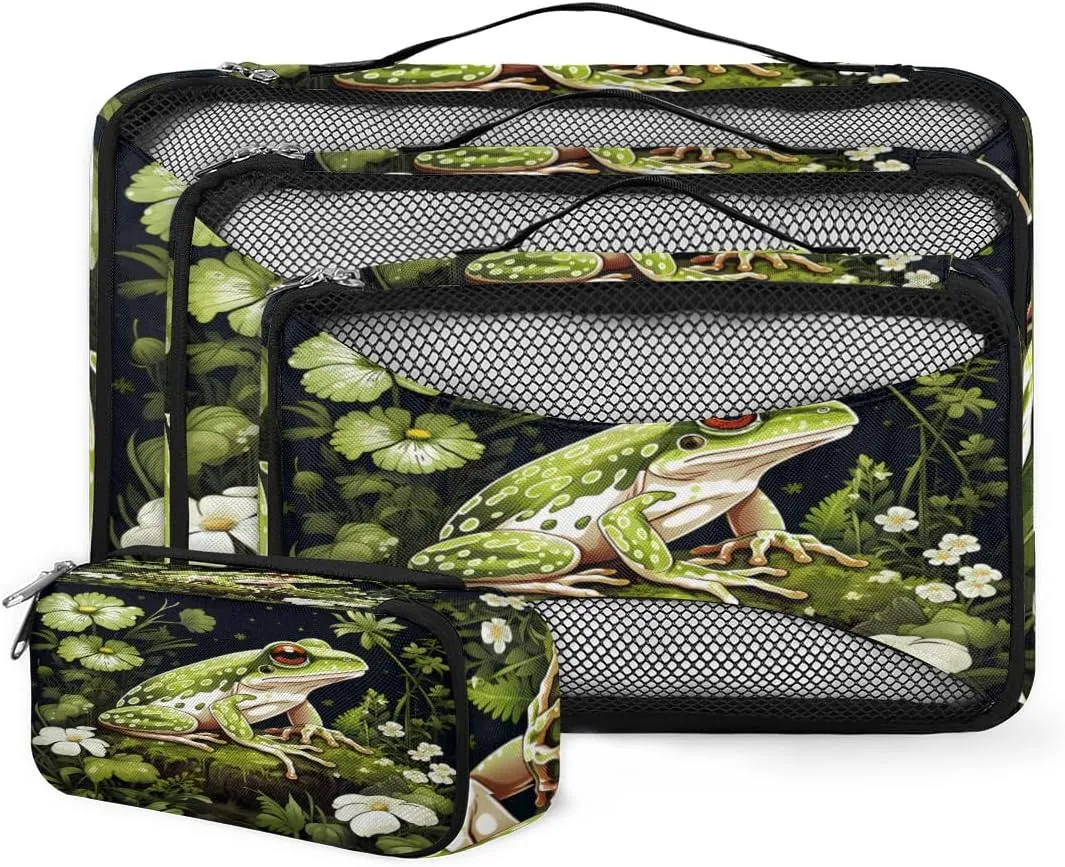 4 Set Packing Cubes for Suitcases, Travel Essentials for Carry on Luggage, Lovely Frog Suitcase Organizers for Clothes Shoes Toiletries Travel Accessories in 4 Sizes - Flower Frog