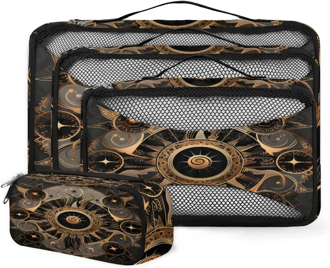 4 Set Packing Cubes for Suitcases, Travel Essentials for Carry on Luggage, Magic Eyes Suitcase Organizers for Clothes Shoes Toiletries Travel Accessories in 4 Sizes - Gold Mandala