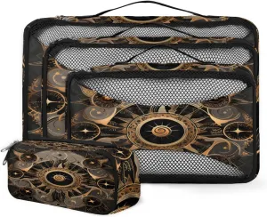 4 Set Packing Cubes for Suitcases, Travel Essentials for Carry on Luggage, Magic Eyes Suitcase Organizers for Clothes Shoes Toiletries Travel Accessories in 4 Sizes - Gold Mandala