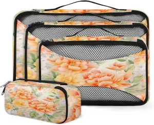 4 Set Packing Cubes for Suitcases, Travel Essentials for Carry on Luggage, Modern Flower Suitcase Organizers for Clothes Shoes Toiletries Travel Accessories in 4 Sizes - Colorful Flower