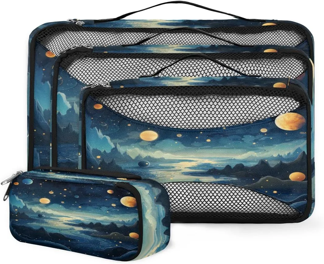 4 Set Packing Cubes for Suitcases, Travel Essentials for Carry on Luggage, Mystical Galaxy Suitcase Organizers for Clothes Shoes Toiletries Travel Accessories in 4 Sizes - Universe Galaxy
