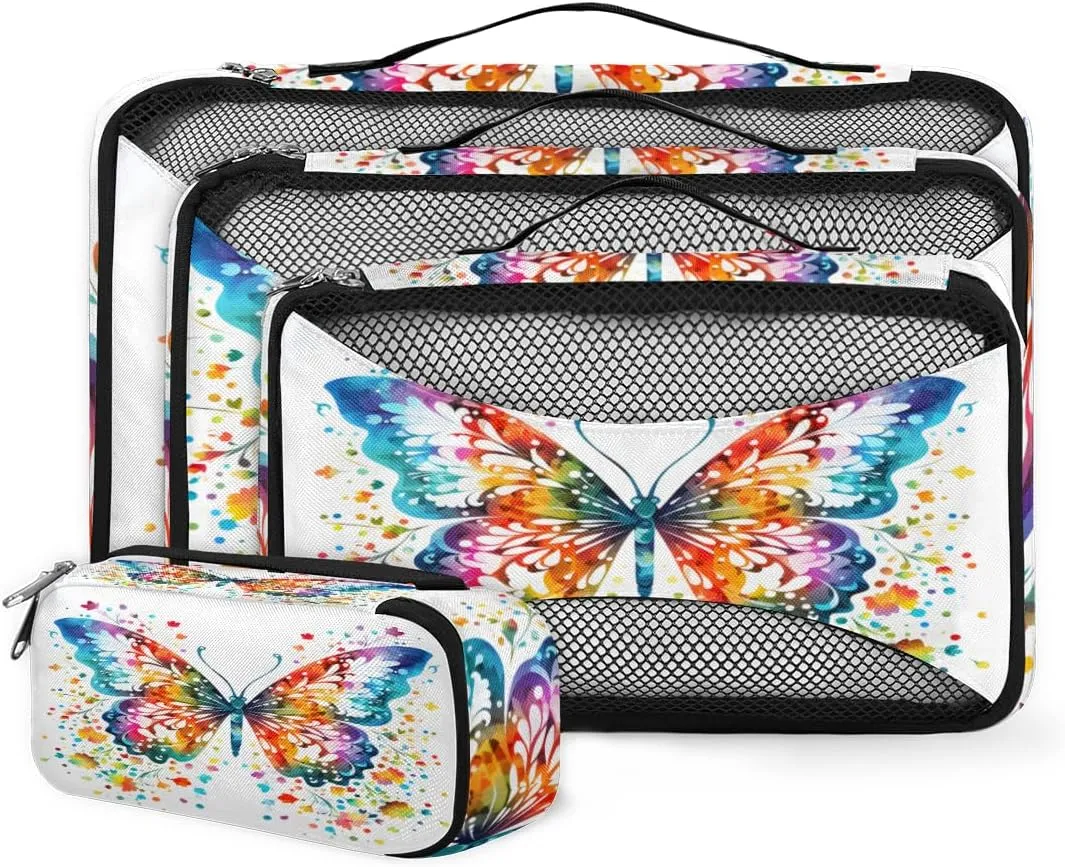 4 Set Packing Cubes for Suitcases, Travel Essentials for Carry on Luggage, Oil Painting Butterfly Suitcase Organizers for Clothes Shoes Toiletries Travel Accessories in 4 Sizes - Abstract Butterfly