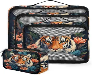 4 Set Packing Cubes for Suitcases, Travel Essentials for Carry on Luggage, Pink Blue Floral Suitcase Organizers for Clothes Shoes Toiletries Travel Accessories in 4 Sizes - Tiger