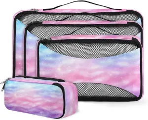 4 Set Packing Cubes for Suitcases, Travel Essentials for Carry on Luggage, Pink Blue Suitcase Organizers for Clothes Shoes Toiletries Travel Accessories in 4 Sizes - Purple Glitter