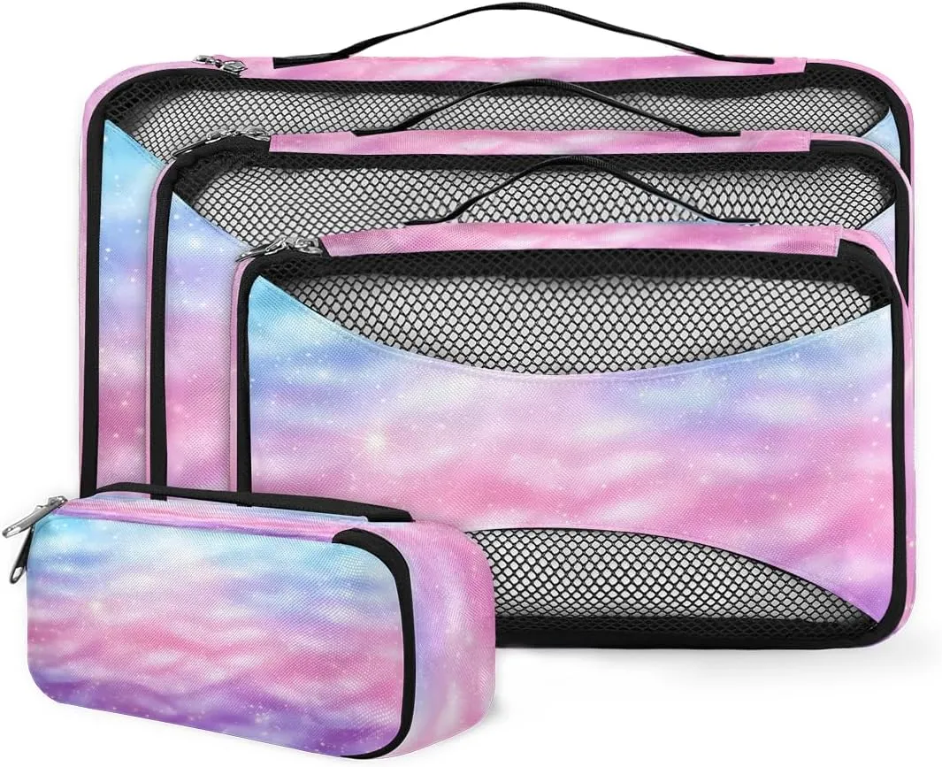 4 Set Packing Cubes for Suitcases, Travel Essentials for Carry on Luggage, Pink Blue Suitcase Organizers for Clothes Shoes Toiletries Travel Accessories in 4 Sizes - Purple Glitter