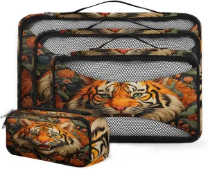 4 Set Packing Cubes for Suitcases, Travel Essentials for Carry on Luggage, Red Flower Suitcase Organizers for Clothes Shoes Toiletries Travel Accessories in 4 Sizes - Tiger