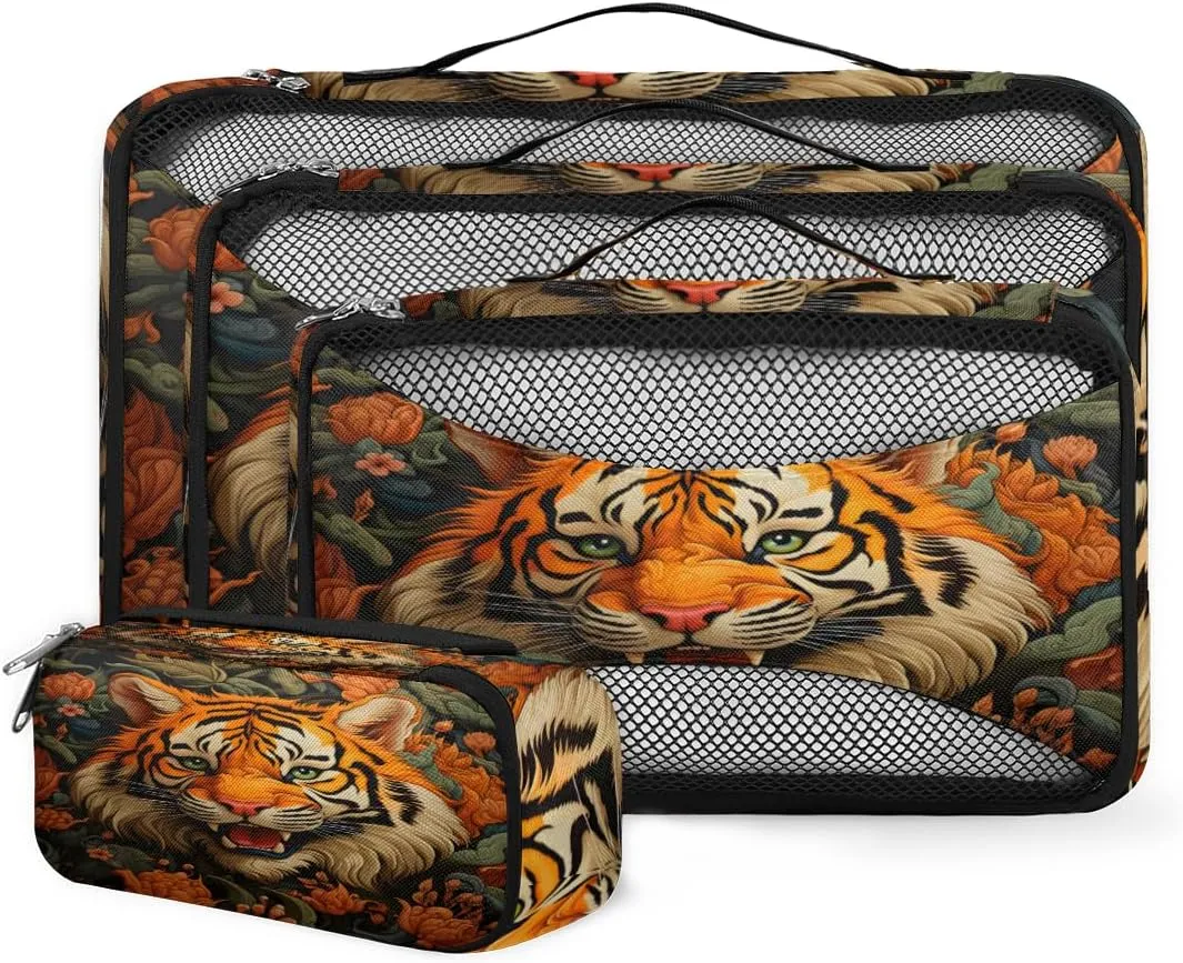 4 Set Packing Cubes for Suitcases, Travel Essentials for Carry on Luggage, Red Flower Suitcase Organizers for Clothes Shoes Toiletries Travel Accessories in 4 Sizes - Tiger