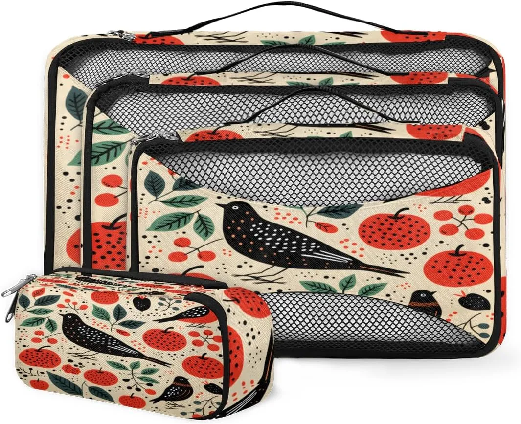 4 Set Packing Cubes for Suitcases, Travel Essentials for Carry on Luggage, Retro Bird Suitcase Organizers for Clothes Shoes Toiletries Travel Accessories in 4 Sizes - Pretty Birds
