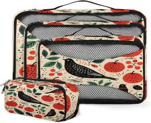 4 Set Packing Cubes for Suitcases, Travel Essentials for Carry on Luggage, Retro Bird Suitcase Organizers for Clothes Shoes Toiletries Travel Accessories in 4 Sizes - Pretty Birds