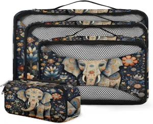 4 Set Packing Cubes for Suitcases, Travel Essentials for Carry on Luggage, Retro Elephant Suitcase Organizers for Clothes Shoes Toiletries Travel Accessories in 4 Sizes - Ethnic Elephant