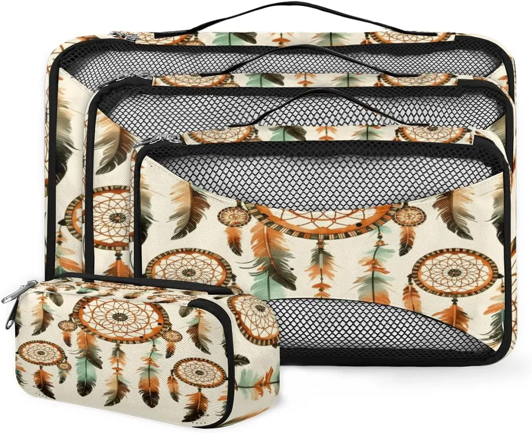 4 Set Packing Cubes for Suitcases, Travel Essentials for Carry on Luggage, Retro Feather Suitcase Organizers for Clothes Shoes Toiletries Travel Accessories in 4 Sizes - Dream Catcher