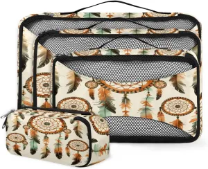 4 Set Packing Cubes for Suitcases, Travel Essentials for Carry on Luggage, Retro Feather Suitcase Organizers for Clothes Shoes Toiletries Travel Accessories in 4 Sizes - Dream Catcher