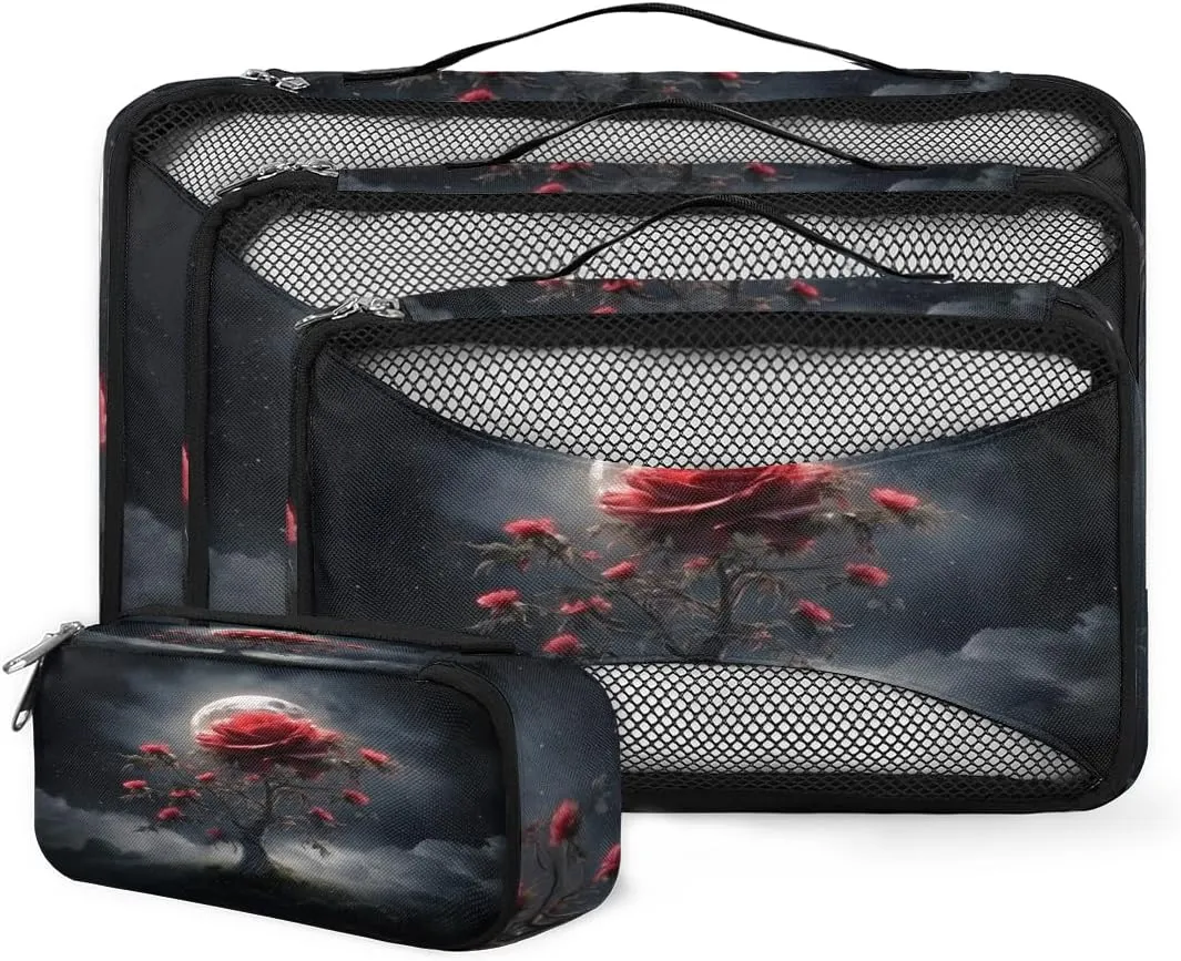 4 Set Packing Cubes for Suitcases, Travel Essentials for Carry on Luggage, Retro Flower Suitcase Organizers for Clothes Shoes Toiletries Travel Accessories in 4 Sizes - Abstract Flower