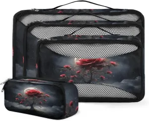 4 Set Packing Cubes for Suitcases, Travel Essentials for Carry on Luggage, Retro Flower Suitcase Organizers for Clothes Shoes Toiletries Travel Accessories in 4 Sizes - Abstract Flower