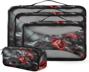 4 Set Packing Cubes for Suitcases, Travel Essentials for Carry on Luggage, Retro Flower Suitcase Organizers for Clothes Shoes Toiletries Travel Accessories in 4 Sizes - Rose Flower