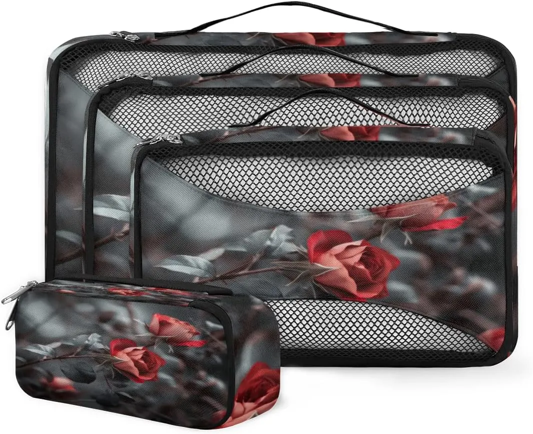 4 Set Packing Cubes for Suitcases, Travel Essentials for Carry on Luggage, Retro Flower Suitcase Organizers for Clothes Shoes Toiletries Travel Accessories in 4 Sizes - Rose Flower