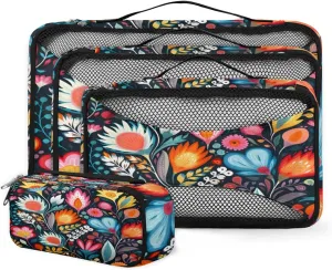 4 Set Packing Cubes for Suitcases, Travel Essentials for Carry on Luggage, Retro Flowers Suitcase Organizers for Clothes Shoes Toiletries Travel Accessories in 4 Sizes - Dreamy Flowers