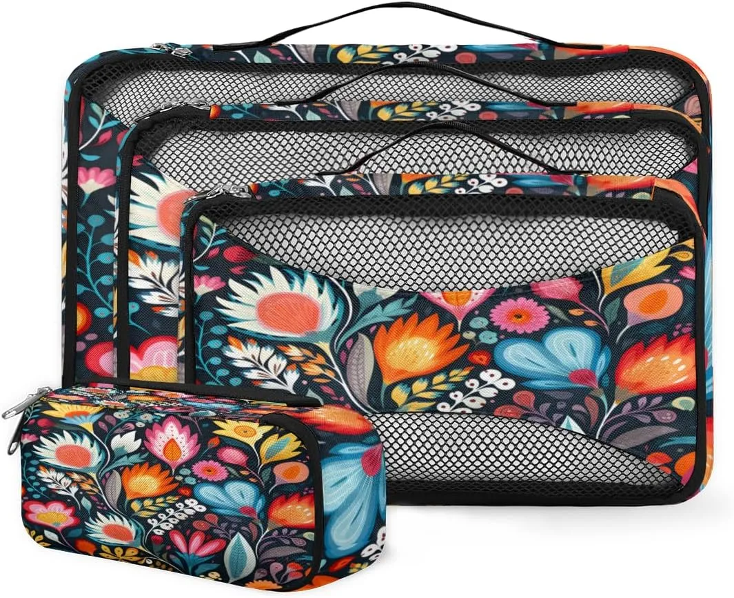 4 Set Packing Cubes for Suitcases, Travel Essentials for Carry on Luggage, Retro Flowers Suitcase Organizers for Clothes Shoes Toiletries Travel Accessories in 4 Sizes - Dreamy Flowers