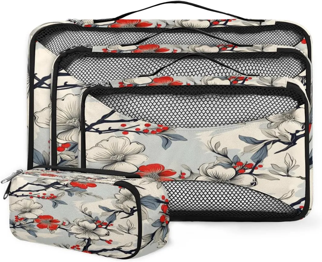 4 Set Packing Cubes for Suitcases, Travel Essentials for Carry on Luggage, Retro Flowers Suitcase Organizers for Clothes Shoes Toiletries Travel Accessories in 4 Sizes - Oil Painting Flowers